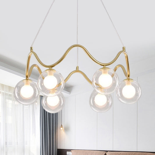 Iron Wave Pendant Ceiling Light Modern Stylish 6 Lights Brass Chandelier with Clear/White Double Ball Glass Shade Clear Clearhalo 'Ceiling Lights' 'Chandeliers' 'Clear' 'Glass shade' 'Glass' 'Industrial' 'Modern Chandeliers' 'Modern' 'Tiffany' 'Traditional Chandeliers' Lighting' 1455120
