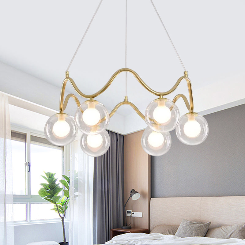 Iron Wave Pendant Ceiling Light Modern Stylish 6 Lights Brass Chandelier with Clear/White Double Ball Glass Shade Clearhalo 'Ceiling Lights' 'Chandeliers' 'Clear' 'Glass shade' 'Glass' 'Industrial' 'Modern Chandeliers' 'Modern' 'Tiffany' 'Traditional Chandeliers' Lighting' 1455121