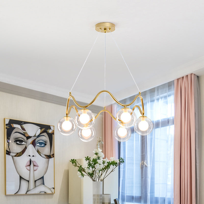 Iron Wave Pendant Ceiling Light Modern Stylish 6 Lights Brass Chandelier with Clear/White Double Ball Glass Shade Clearhalo 'Ceiling Lights' 'Chandeliers' 'Clear' 'Glass shade' 'Glass' 'Industrial' 'Modern Chandeliers' 'Modern' 'Tiffany' 'Traditional Chandeliers' Lighting' 1455122