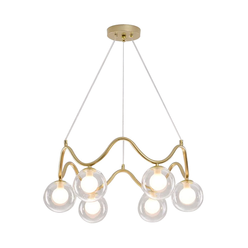 Iron Wave Pendant Ceiling Light Modern Stylish 6 Lights Brass Chandelier with Clear/White Double Ball Glass Shade Clearhalo 'Ceiling Lights' 'Chandeliers' 'Clear' 'Glass shade' 'Glass' 'Industrial' 'Modern Chandeliers' 'Modern' 'Tiffany' 'Traditional Chandeliers' Lighting' 1455123
