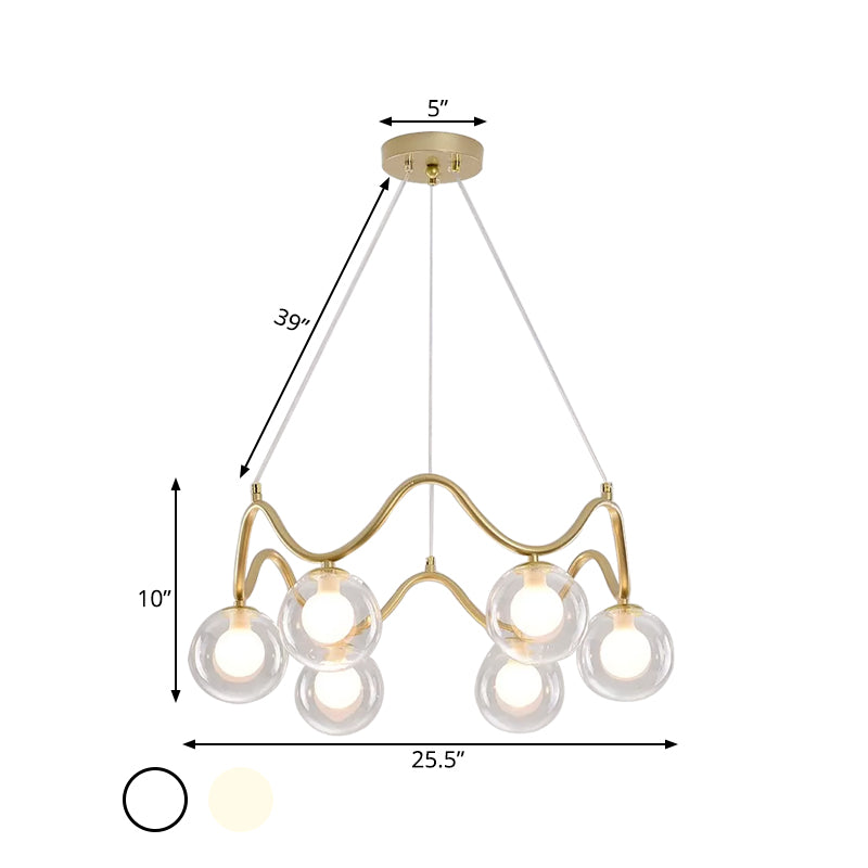 Iron Wave Pendant Ceiling Light Modern Stylish 6 Lights Brass Chandelier with Clear/White Double Ball Glass Shade Clearhalo 'Ceiling Lights' 'Chandeliers' 'Clear' 'Glass shade' 'Glass' 'Industrial' 'Modern Chandeliers' 'Modern' 'Tiffany' 'Traditional Chandeliers' Lighting' 1455124