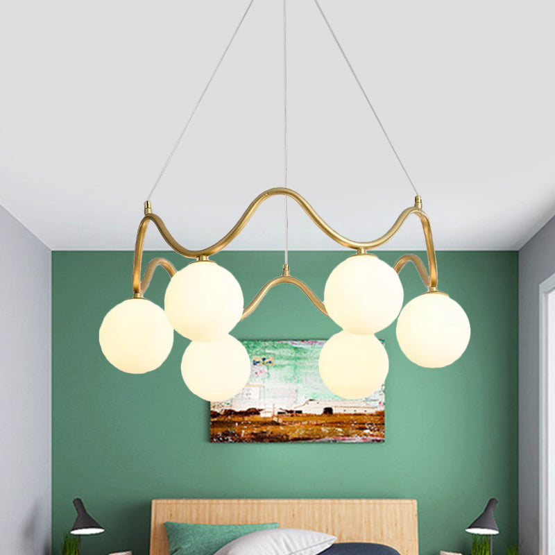 Iron Wave Pendant Ceiling Light Modern Stylish 6 Lights Brass Chandelier with Clear/White Double Ball Glass Shade Clearhalo 'Ceiling Lights' 'Chandeliers' 'Clear' 'Glass shade' 'Glass' 'Industrial' 'Modern Chandeliers' 'Modern' 'Tiffany' 'Traditional Chandeliers' Lighting' 1455126