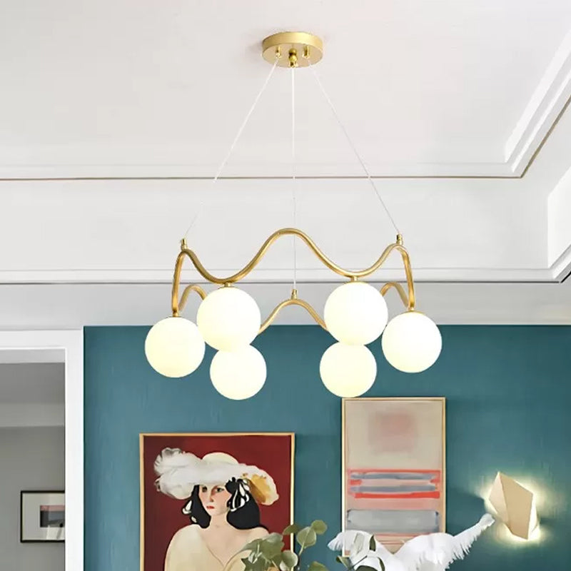 Iron Wave Pendant Ceiling Light Modern Stylish 6 Lights Brass Chandelier with Clear/White Double Ball Glass Shade Clearhalo 'Ceiling Lights' 'Chandeliers' 'Clear' 'Glass shade' 'Glass' 'Industrial' 'Modern Chandeliers' 'Modern' 'Tiffany' 'Traditional Chandeliers' Lighting' 1455127