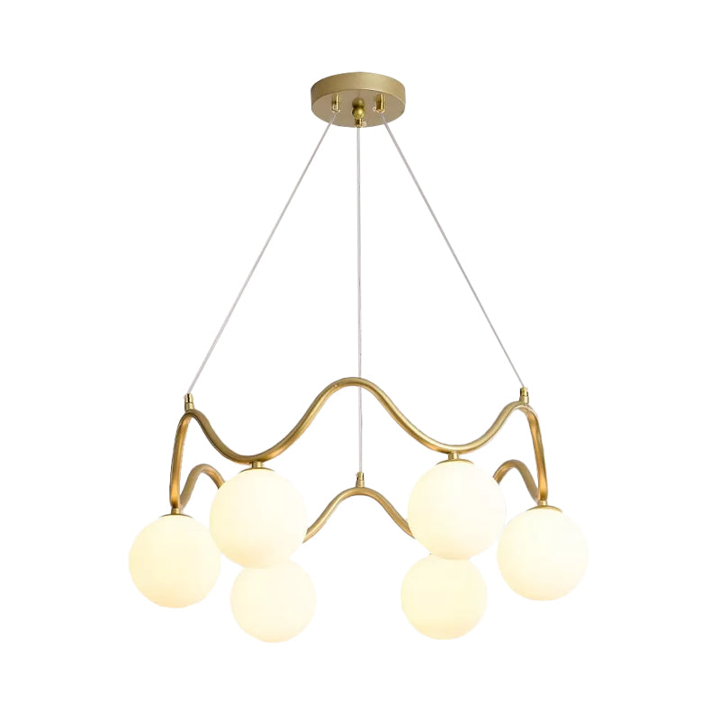 Iron Wave Pendant Ceiling Light Modern Stylish 6 Lights Brass Chandelier with Clear/White Double Ball Glass Shade Clearhalo 'Ceiling Lights' 'Chandeliers' 'Clear' 'Glass shade' 'Glass' 'Industrial' 'Modern Chandeliers' 'Modern' 'Tiffany' 'Traditional Chandeliers' Lighting' 1455128