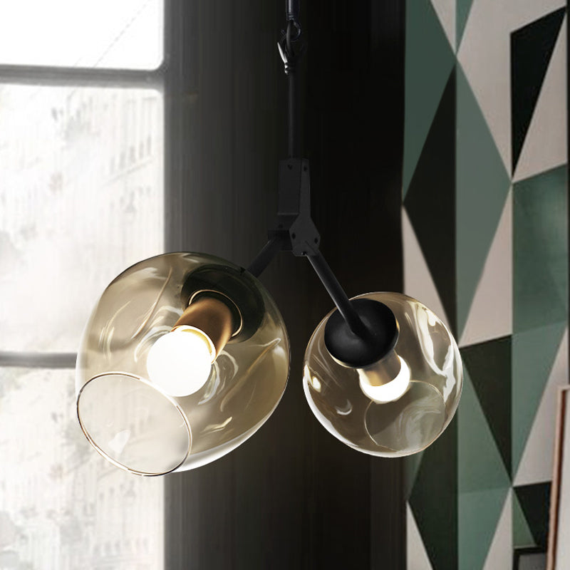 Black/Gold Bifurcated Chandelier Modernist 2 Lights Blown Open Dimpled Glass Suspension Pendant Black Clearhalo 'Ceiling Lights' 'Chandeliers' 'Close To Ceiling Lights' 'Glass shade' 'Glass' 'Modern Chandeliers' 'Modern' Lighting' 1455134