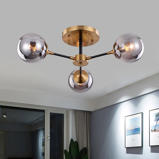 Postmodern Radial Smoke Glass Semi Flush 3/6 Heads Flush Mount Ceiling Chandelier in Brass and Black 3 Smoke Gray Clearhalo 'Ceiling Lights' 'Close To Ceiling Lights' 'Close to ceiling' 'Glass shade' 'Glass' 'Pendant Lights' 'Semi-flushmount' Lighting' 1455138