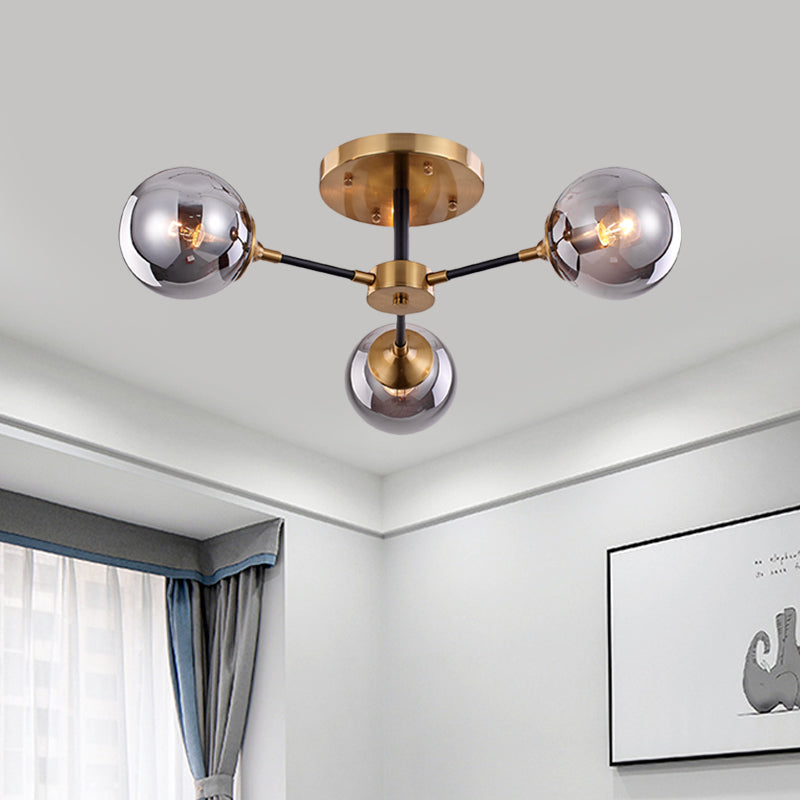 Postmodern Radial Smoke Glass Semi Flush 3/6 Heads Flush Mount Ceiling Chandelier in Brass and Black Clearhalo 'Ceiling Lights' 'Close To Ceiling Lights' 'Close to ceiling' 'Glass shade' 'Glass' 'Pendant Lights' 'Semi-flushmount' Lighting' 1455139