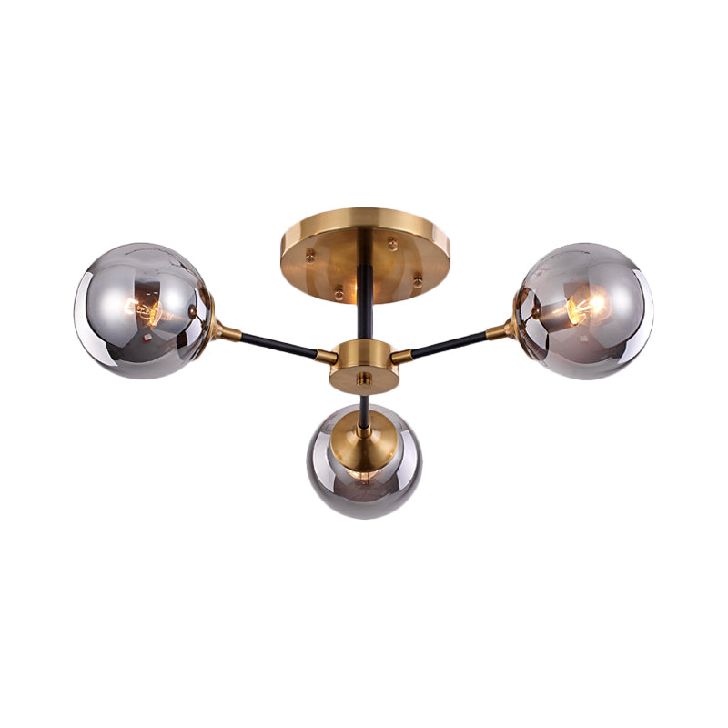 Postmodern Radial Smoke Glass Semi Flush 3/6 Heads Flush Mount Ceiling Chandelier in Brass and Black Clearhalo 'Ceiling Lights' 'Close To Ceiling Lights' 'Close to ceiling' 'Glass shade' 'Glass' 'Pendant Lights' 'Semi-flushmount' Lighting' 1455140