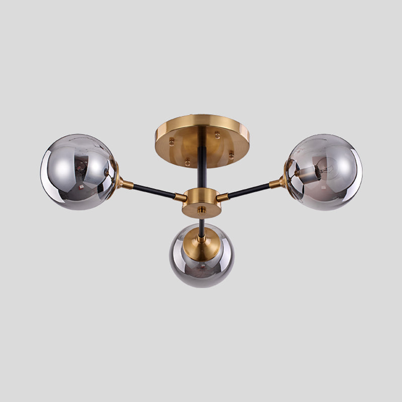 Postmodern Radial Smoke Glass Semi Flush 3/6 Heads Flush Mount Ceiling Chandelier in Brass and Black Clearhalo 'Ceiling Lights' 'Close To Ceiling Lights' 'Close to ceiling' 'Glass shade' 'Glass' 'Pendant Lights' 'Semi-flushmount' Lighting' 1455141
