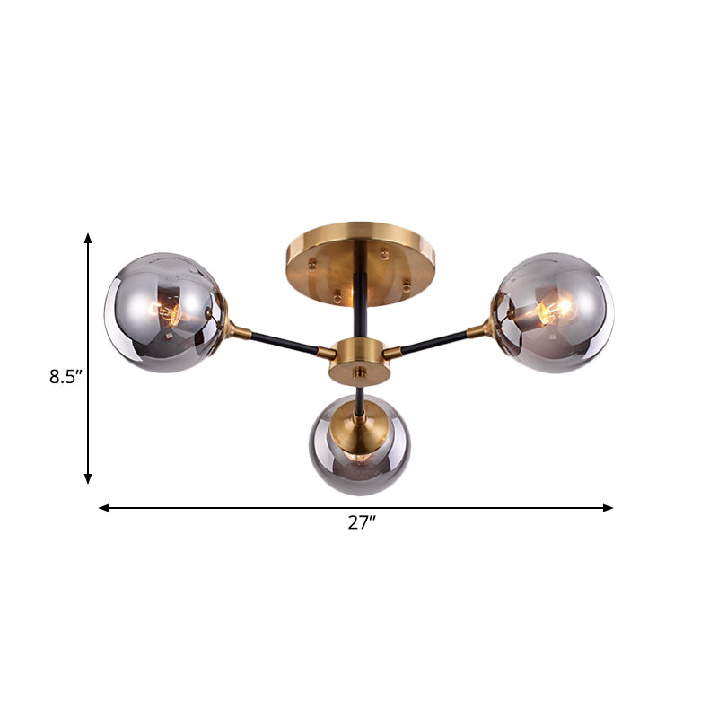 Postmodern Radial Smoke Glass Semi Flush 3/6 Heads Flush Mount Ceiling Chandelier in Brass and Black Clearhalo 'Ceiling Lights' 'Close To Ceiling Lights' 'Close to ceiling' 'Glass shade' 'Glass' 'Pendant Lights' 'Semi-flushmount' Lighting' 1455142