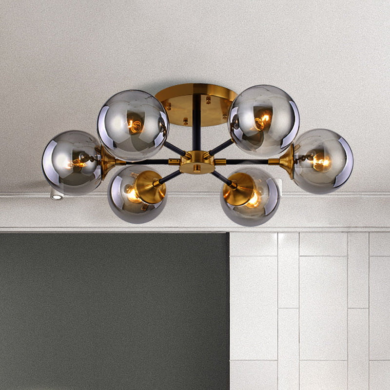 Postmodern Radial Smoke Glass Semi Flush 3/6 Heads Flush Mount Ceiling Chandelier in Brass and Black 6 Smoke Gray Clearhalo 'Ceiling Lights' 'Close To Ceiling Lights' 'Close to ceiling' 'Glass shade' 'Glass' 'Pendant Lights' 'Semi-flushmount' Lighting' 1455143