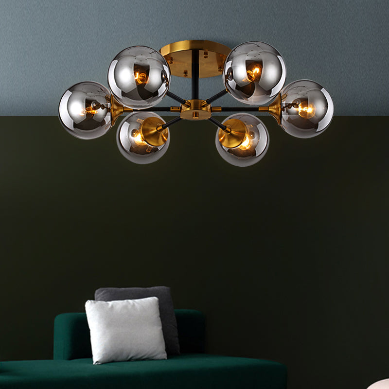 Postmodern Radial Smoke Glass Semi Flush 3/6 Heads Flush Mount Ceiling Chandelier in Brass and Black Clearhalo 'Ceiling Lights' 'Close To Ceiling Lights' 'Close to ceiling' 'Glass shade' 'Glass' 'Pendant Lights' 'Semi-flushmount' Lighting' 1455144