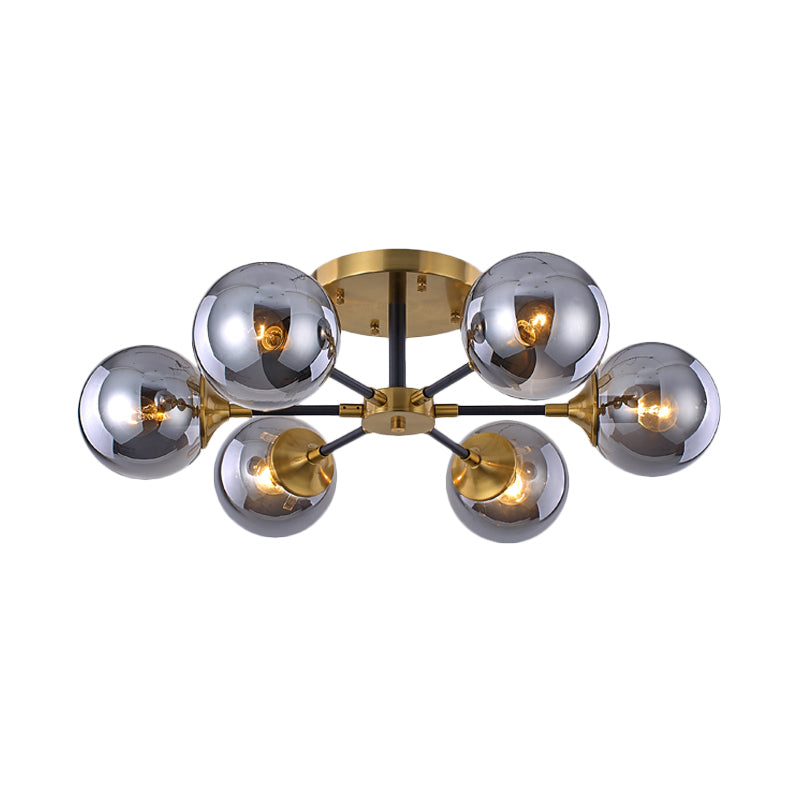 Postmodern Radial Smoke Glass Semi Flush 3/6 Heads Flush Mount Ceiling Chandelier in Brass and Black Clearhalo 'Ceiling Lights' 'Close To Ceiling Lights' 'Close to ceiling' 'Glass shade' 'Glass' 'Pendant Lights' 'Semi-flushmount' Lighting' 1455145