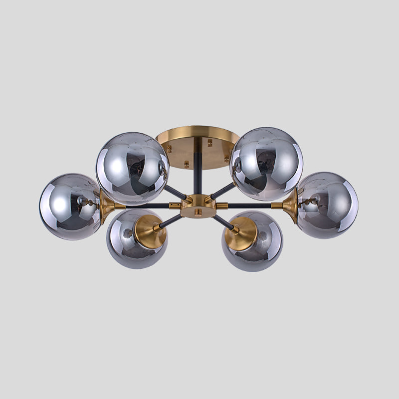 Postmodern Radial Smoke Glass Semi Flush 3/6 Heads Flush Mount Ceiling Chandelier in Brass and Black Clearhalo 'Ceiling Lights' 'Close To Ceiling Lights' 'Close to ceiling' 'Glass shade' 'Glass' 'Pendant Lights' 'Semi-flushmount' Lighting' 1455146