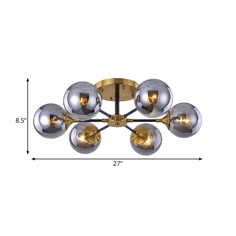 Postmodern Radial Smoke Glass Semi Flush 3/6 Heads Flush Mount Ceiling Chandelier in Brass and Black Clearhalo 'Ceiling Lights' 'Close To Ceiling Lights' 'Close to ceiling' 'Glass shade' 'Glass' 'Pendant Lights' 'Semi-flushmount' Lighting' 1455147