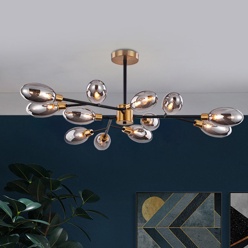 12-Bulb Parlor Close to Ceiling Light Vintage Brass Semi Mount Lighting with Ellipse Smoke Grey Glass Shade Smoke Gray Clearhalo 'Ceiling Lights' 'Close To Ceiling Lights' 'Close to ceiling' 'Glass shade' 'Glass' 'Semi-flushmount' Lighting' 1455148