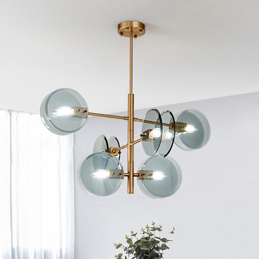 Mid Century 6 Bulbs Chandelier Blue Glass Brass Tiered Dual Flake Ceiling Pendant Light Blue Clearhalo 'Ceiling Lights' 'Chandeliers' 'Modern Chandeliers' 'Modern' Lighting' 1455158
