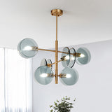 Mid Century 6 Bulbs Chandelier Blue Glass Brass Tiered Dual Flake Ceiling Pendant Light Blue Clearhalo 'Ceiling Lights' 'Chandeliers' 'Modern Chandeliers' 'Modern' Lighting' 1455158