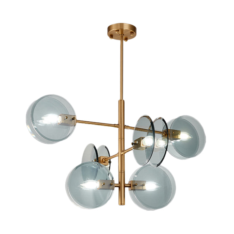 Mid Century 6 Bulbs Chandelier Blue Glass Brass Tiered Dual Flake Ceiling Pendant Light Clearhalo 'Ceiling Lights' 'Chandeliers' 'Modern Chandeliers' 'Modern' Lighting' 1455160