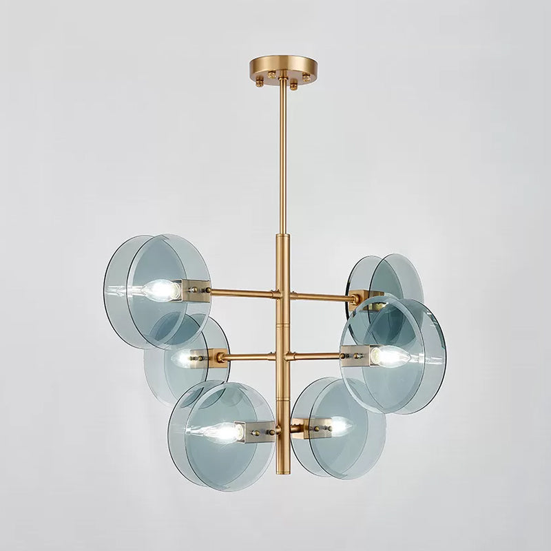 Mid Century 6 Bulbs Chandelier Blue Glass Brass Tiered Dual Flake Ceiling Pendant Light Clearhalo 'Ceiling Lights' 'Chandeliers' 'Modern Chandeliers' 'Modern' Lighting' 1455161