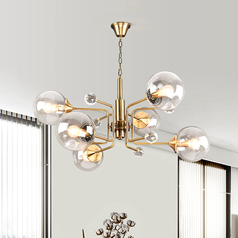 Clear Glass Globe Shade Tiered Drop Lamp Modernist 6 Bulbs Gold Chandelier with Crystal Drape Clear Clearhalo 'Ceiling Lights' 'Chandeliers' 'Clear' 'Industrial' 'Modern Chandeliers' 'Modern' 'Tiffany' 'Traditional Chandeliers' Lighting' 1455173