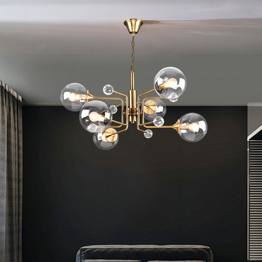 Clear Glass Globe Shade Tiered Drop Lamp Modernist 6 Bulbs Gold Chandelier with Crystal Drape Clearhalo 'Ceiling Lights' 'Chandeliers' 'Clear' 'Industrial' 'Modern Chandeliers' 'Modern' 'Tiffany' 'Traditional Chandeliers' Lighting' 1455175