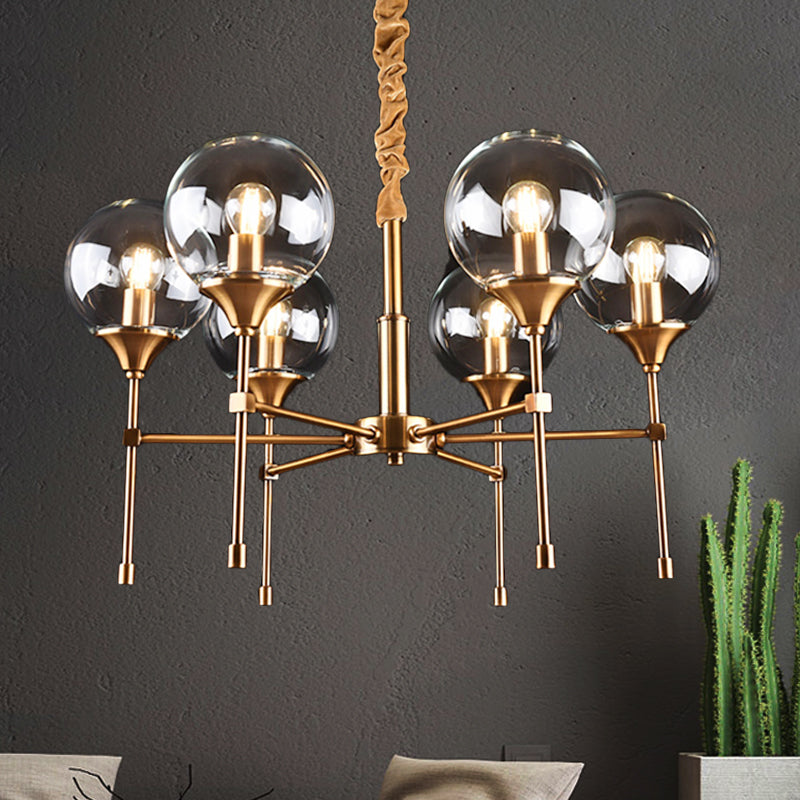 Brass Burst Style Suspension Lamp Retro 6 Heads Clear Glass Chandelier over Dining Table Clear Clearhalo 'Ceiling Lights' 'Chandeliers' 'Clear' 'Industrial' 'Modern Chandeliers' 'Modern' 'Tiffany' 'Traditional Chandeliers' Lighting' 1455178