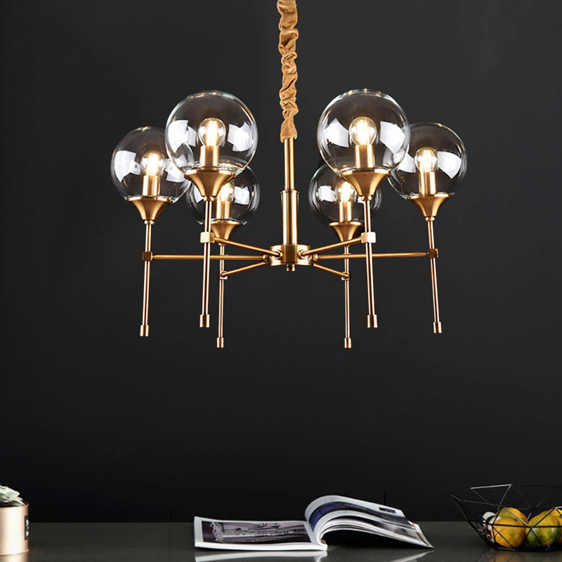 Brass Burst Style Suspension Lamp Retro 6 Heads Clear Glass Chandelier over Dining Table Clearhalo 'Ceiling Lights' 'Chandeliers' 'Clear' 'Industrial' 'Modern Chandeliers' 'Modern' 'Tiffany' 'Traditional Chandeliers' Lighting' 1455180