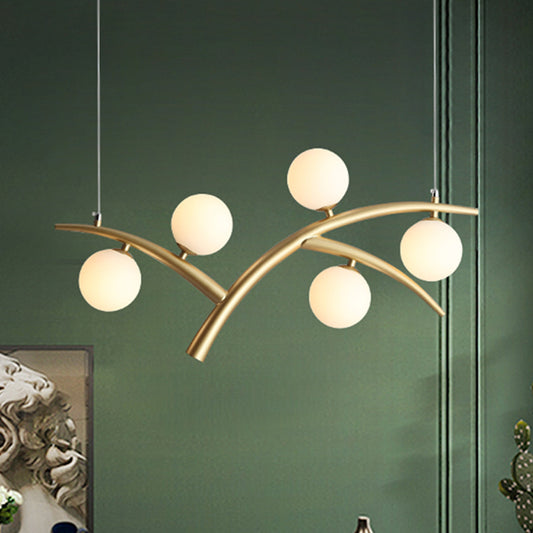 Branch Iron Chandelier Contemporary 5 Lights Gold Pendant Light Fixture with Orb White Glass Shade Gold Clearhalo 'Ceiling Lights' 'Chandeliers' 'Modern Chandeliers' 'Modern' Lighting' 1455183