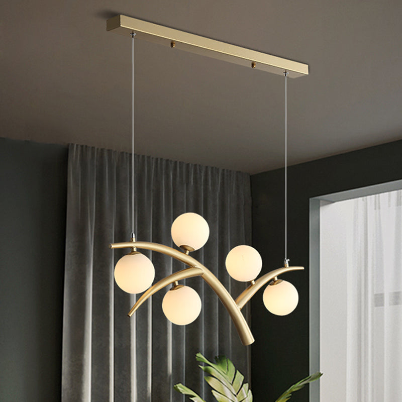 Branch Iron Chandelier Contemporary 5 Lights Gold Pendant Light Fixture with Orb White Glass Shade Clearhalo 'Ceiling Lights' 'Chandeliers' 'Modern Chandeliers' 'Modern' Lighting' 1455184