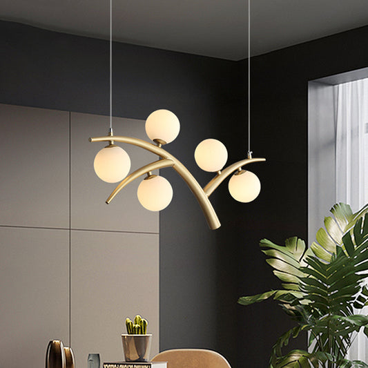 Branch Iron Chandelier Contemporary 5 Lights Gold Pendant Light Fixture with Orb White Glass Shade Clearhalo 'Ceiling Lights' 'Chandeliers' 'Modern Chandeliers' 'Modern' Lighting' 1455185