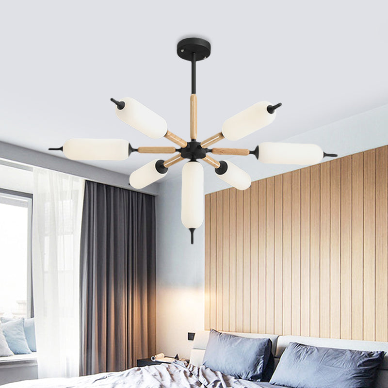 Wooden Bursting Chandelier Light Nordic 7-Light Black Ceiling Suspension Lamp with Cylinder Matte Glass Lampshade Clearhalo 'Carpenter Chandeliers' 'Ceiling Lights' 'Chandeliers' 'Industrial' 'Modern Chandeliers' 'Modern' Lighting' 1455190