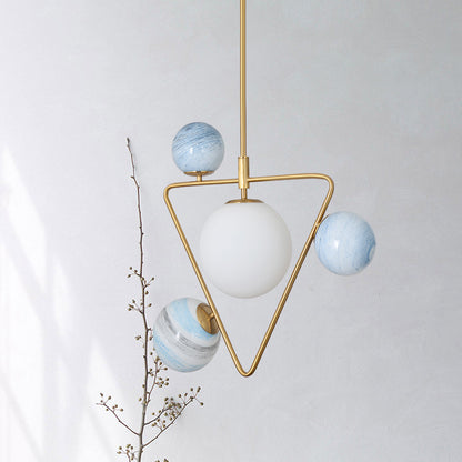 4-Head Loft House Chandelier Mid Century Gold Pendant Lamp with Triangle Iron Frame and Orb Colored Glass Shade Gold Clearhalo 'Ceiling Lights' 'Chandeliers' 'Modern Chandeliers' 'Modern' Lighting' 1455198