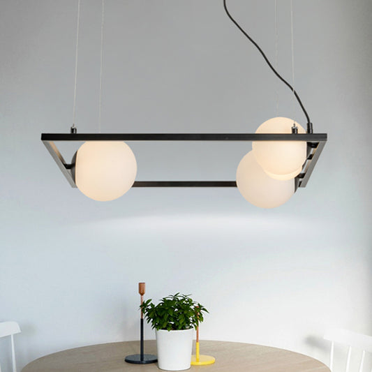 Bubble Kitchen Dinette Chandelier Ivory Glass 4 Bulbs Modernism Hanging Pendant with Square Frame in Black/White Black Clearhalo 'Ceiling Lights' 'Chandeliers' 'Modern Chandeliers' 'Modern' Lighting' 1455203