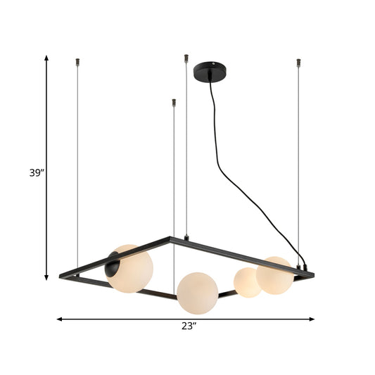 Bubble Kitchen Dinette Chandelier Ivory Glass 4 Bulbs Modernism Hanging Pendant with Square Frame in Black/White Clearhalo 'Ceiling Lights' 'Chandeliers' 'Modern Chandeliers' 'Modern' Lighting' 1455208