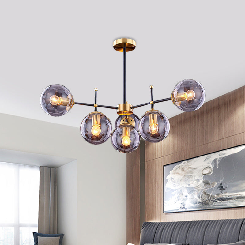 Globe Ceiling Mount Chandelier Vintage Smoke Glass 6-Light Living Room Semi Flush Light Fixture in Black-Brass Clearhalo 'Ceiling Lights' 'Close To Ceiling Lights' 'Close to ceiling' 'Glass shade' 'Glass' 'Semi-flushmount' Lighting' 1455218