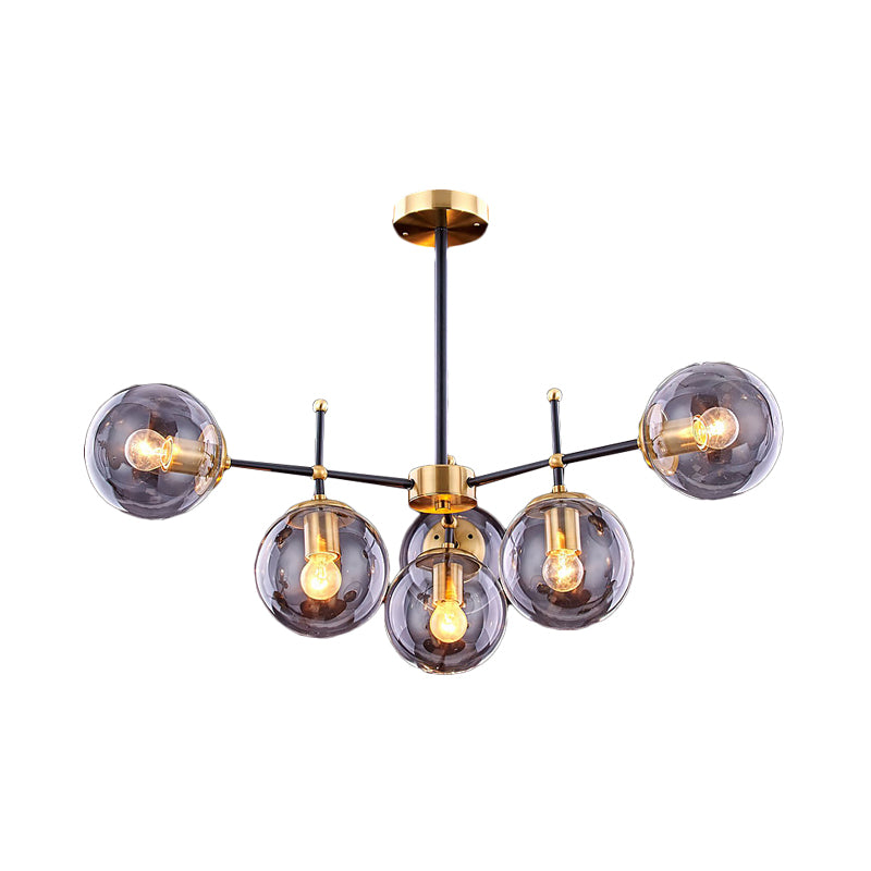 Globe Ceiling Mount Chandelier Vintage Smoke Glass 6-Light Living Room Semi Flush Light Fixture in Black-Brass Clearhalo 'Ceiling Lights' 'Close To Ceiling Lights' 'Close to ceiling' 'Glass shade' 'Glass' 'Semi-flushmount' Lighting' 1455219