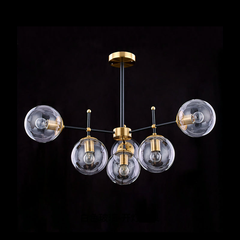 Globe Ceiling Mount Chandelier Vintage Smoke Glass 6-Light Living Room Semi Flush Light Fixture in Black-Brass Clearhalo 'Ceiling Lights' 'Close To Ceiling Lights' 'Close to ceiling' 'Glass shade' 'Glass' 'Semi-flushmount' Lighting' 1455220