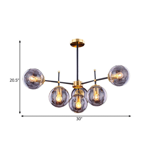 Globe Ceiling Mount Chandelier Vintage Smoke Glass 6-Light Living Room Semi Flush Light Fixture in Black-Brass Clearhalo 'Ceiling Lights' 'Close To Ceiling Lights' 'Close to ceiling' 'Glass shade' 'Glass' 'Semi-flushmount' Lighting' 1455221