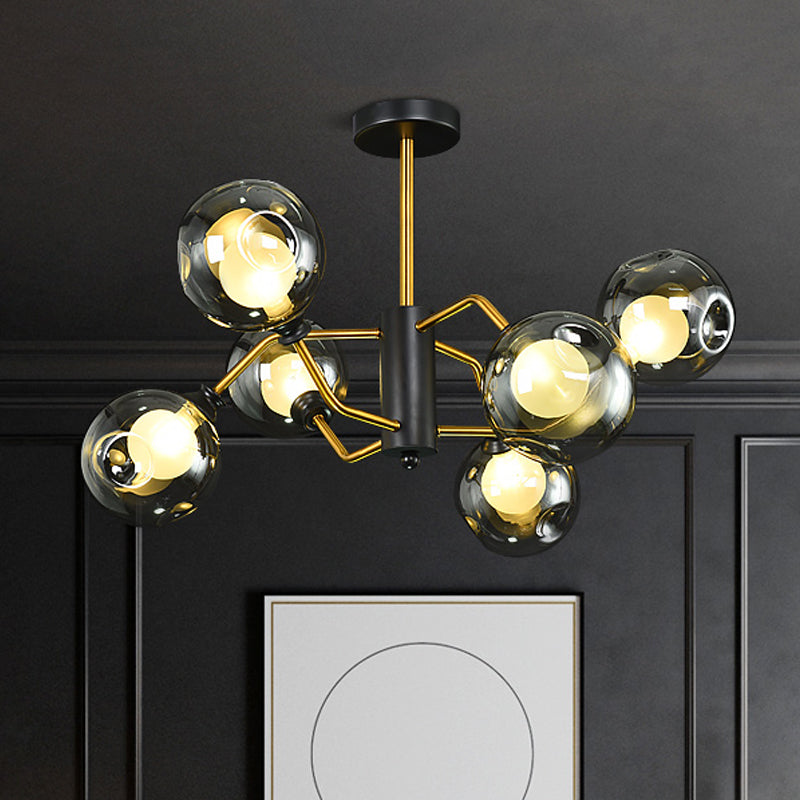 Curved Semi Flush Ceiling Light Modernism Metal 6 Heads Brass Flush Chandelier with Smoke Grey Dimple Glass Shade Smoke Gray Clearhalo 'Ceiling Lights' 'Close To Ceiling Lights' 'Close to ceiling' 'Glass shade' 'Glass' 'Semi-flushmount' Lighting' 1455227