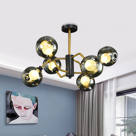 Curved Semi Flush Ceiling Light Modernism Metal 6 Heads Brass Flush Chandelier with Smoke Grey Dimple Glass Shade Clearhalo 'Ceiling Lights' 'Close To Ceiling Lights' 'Close to ceiling' 'Glass shade' 'Glass' 'Semi-flushmount' Lighting' 1455228