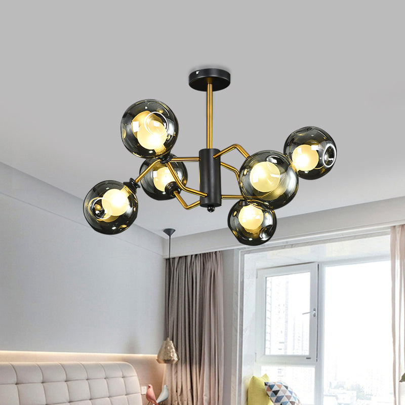 Curved Semi Flush Ceiling Light Modernism Metal 6 Heads Brass Flush Chandelier with Smoke Grey Dimple Glass Shade Clearhalo 'Ceiling Lights' 'Close To Ceiling Lights' 'Close to ceiling' 'Glass shade' 'Glass' 'Semi-flushmount' Lighting' 1455229