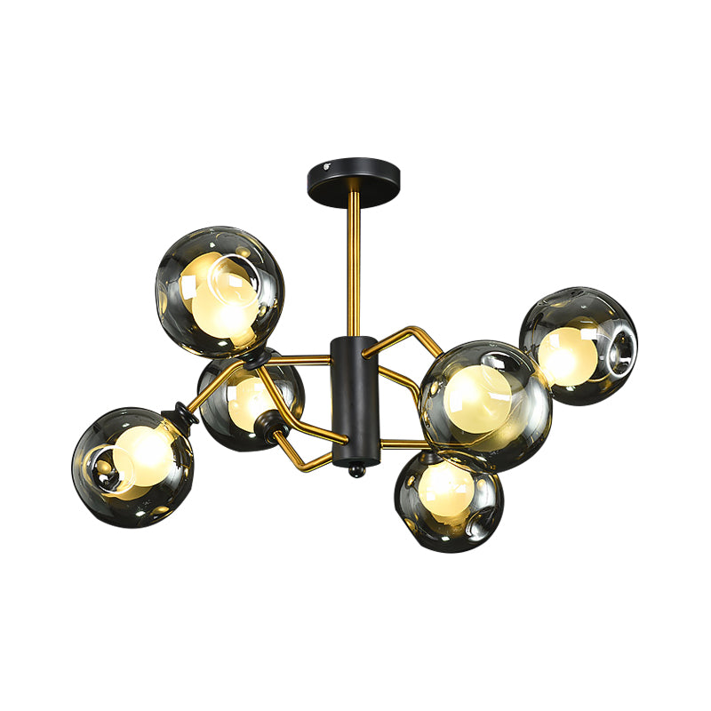 Curved Semi Flush Ceiling Light Modernism Metal 6 Heads Brass Flush Chandelier with Smoke Grey Dimple Glass Shade Clearhalo 'Ceiling Lights' 'Close To Ceiling Lights' 'Close to ceiling' 'Glass shade' 'Glass' 'Semi-flushmount' Lighting' 1455230