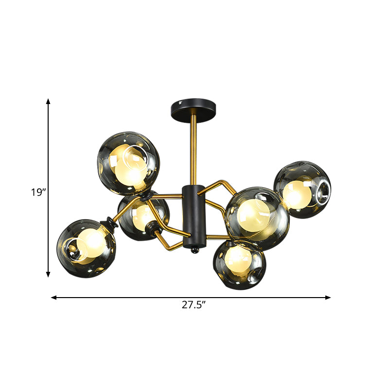 Curved Semi Flush Ceiling Light Modernism Metal 6 Heads Brass Flush Chandelier with Smoke Grey Dimple Glass Shade Clearhalo 'Ceiling Lights' 'Close To Ceiling Lights' 'Close to ceiling' 'Glass shade' 'Glass' 'Semi-flushmount' Lighting' 1455231