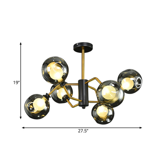 Curved Semi Flush Ceiling Light Modernism Metal 6 Heads Brass Flush Chandelier with Smoke Grey Dimple Glass Shade Clearhalo 'Ceiling Lights' 'Close To Ceiling Lights' 'Close to ceiling' 'Glass shade' 'Glass' 'Semi-flushmount' Lighting' 1455231