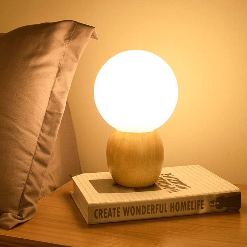 Orb Bedside Table Lamp Frosted Glass 1 Head Minimalist Night Lighting with Wood Base Wood Clearhalo 'Lamps' 'Table Lamps' Lighting' 1455232