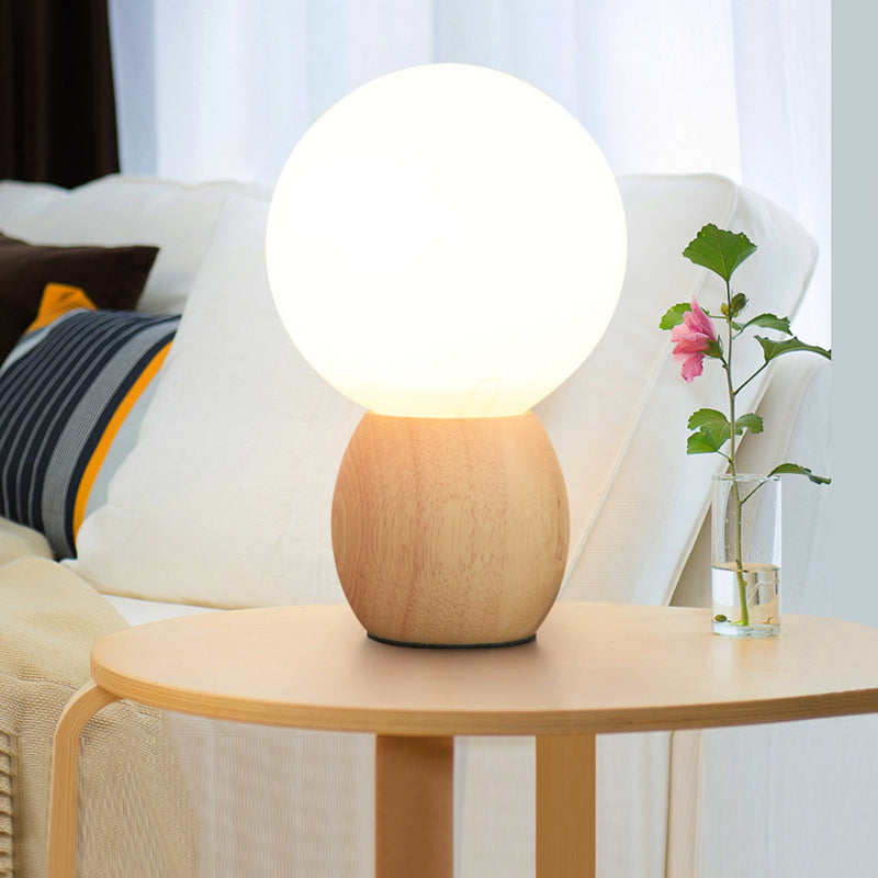 Orb Bedside Table Lamp Frosted Glass 1 Head Minimalist Night Lighting with Wood Base Clearhalo 'Lamps' 'Table Lamps' Lighting' 1455233