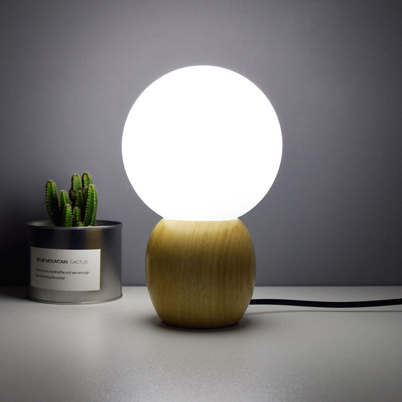 Orb Bedside Table Lamp Frosted Glass 1 Head Minimalist Night Lighting with Wood Base Clearhalo 'Lamps' 'Table Lamps' Lighting' 1455234