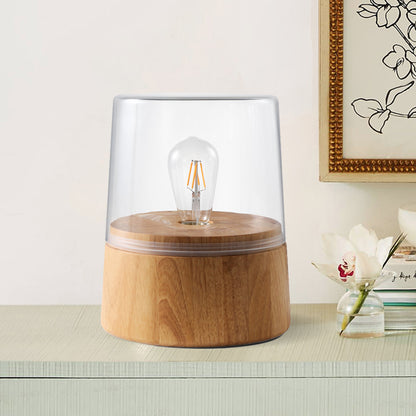 Translucent Glass Jar Table Lighting Nordic 1 Light Nightstand Lamp with Wood Round Pedestal Wood Clearhalo 'Lamps' 'Table Lamps' Lighting' 1455242