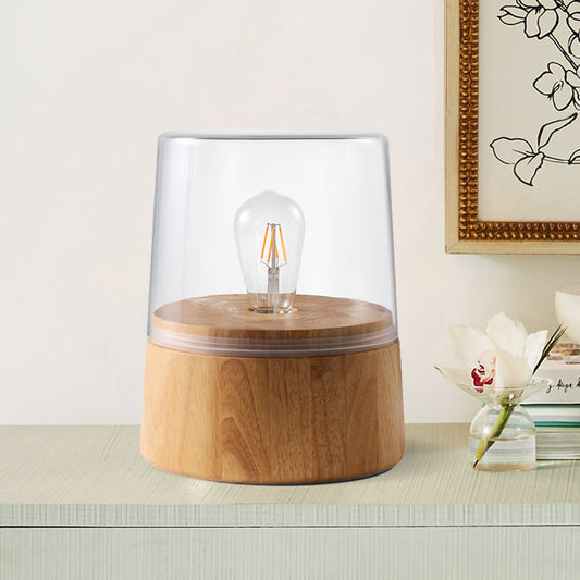 Translucent Glass Jar Table Lighting Nordic 1 Light Nightstand Lamp with Wood Round Pedestal Wood Clearhalo 'Lamps' 'Table Lamps' Lighting' 1455242